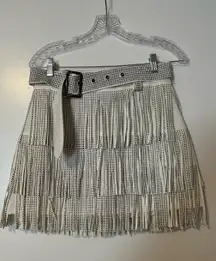 White Studded These Three Boutique Fringe Skirt