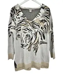Chico’s Tiger Face Animal Print Tunic Sweater Black Tan Size Large