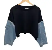 JW & NW Womens Denim Cropped Sweatshirt‎ Black Blue Size OS