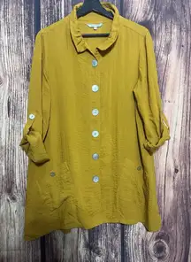 John Mark Yellow Tunic Top Blouse M 3/4 Sleeve Lagenlook Buttons