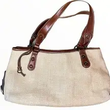 Fossil Baguette Bag Woven tote wicker Tweed rainbow 70s