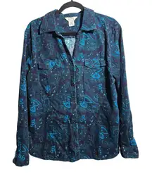 VTG Blue Corduroy Paisley Button Up Blouse 1X Long Sleeve Boho Fairy Grunge Top