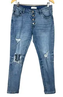 KanCan Jeans Womens 11/29 Blue Girlfriend Mid Rise Distressed Denim Button‎ Fly