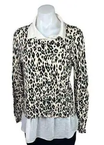 DKNY NWOT Black White Leopard Print Layered Long Sleeve Collar Sweater Top Sz L