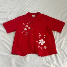 BonWorth red embroidered short sleeve button down top