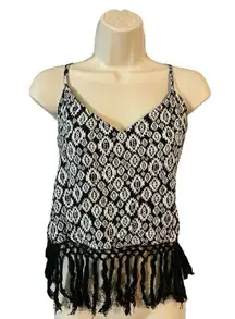 Tribal Boho Fringed Crop Top Black White Size L