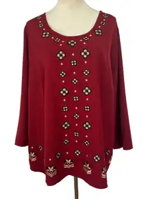 Bob Mackie Wearable Art Embroidered Floral Top Blouse‎ Red Womens 1X Plus Size