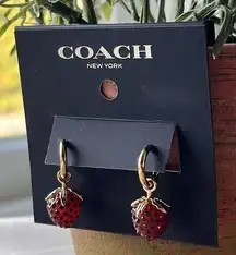 Coach NWT  Strawberry Charm Huggie Earrings Gold/Red Circle Loop Fruit Da…