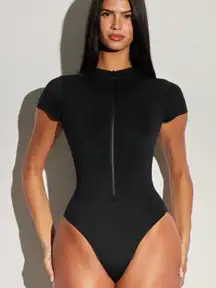 TA3 Size Large Short Sleeve Surfy Zip Up One Piece Swim Black High Cut