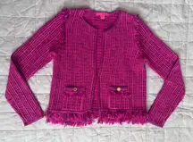 Lilly Pulitzer Hot Pink Tweed Simora Fringe Cardigan Blazer Preppy Maximalist -S