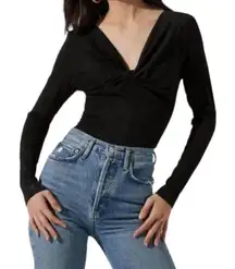 ASTR REESE METALLIC TWIST FRONT BODYSUIT IN BLACK NWT L