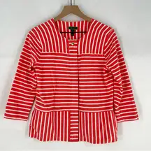 C Wonder Coral & White Striped Zip Front 3/4 Sleeve Collarless Round Neck Jacket