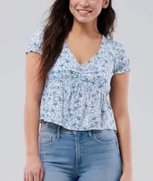 Hollister NWOT  Blue Floral paisley Tie-Back Babydoll Crop Top coquette