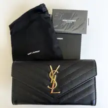 YSL Saint Laurent Large Grain de Poudre Leather Flap Wallet in Black