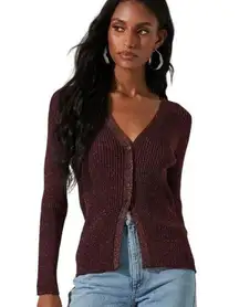 Astr Maude Ribbed V-Neck Button Front Cardigan Metallic Wine Size S