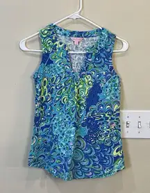Lilly Pulitzer Marlow Tank Top Lilly's‎ Lagoon Print Notch Neck XS Style 12271