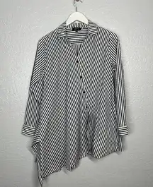 Comfy USA Women S White Black Stripe Blouse Oversized Asymmetrical Long Sleeve