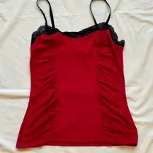 Cache  Red & black corset style ruched cami top with black floral lace detailing