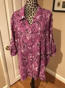 Woman Within Women's Blouse Plus 1X 22/24 Floral 100% Crinkle Cotton Pleated GF