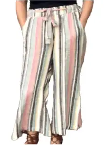 Indigo Rein Linen Blend Stripe Palazzo Wide Leg Pull On Smocked Back Midi Pants