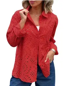 ADIVA Red Pink Sheer Eyelet Lace Peasant Blouse Boho Festival Top Small NWT