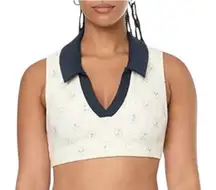 WeWoreWhat‎ Shirt Women Small Ivory Blue Sports Collared Crop Top Tennis Golf