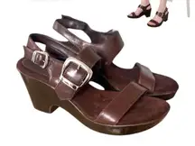 90'S Y2K VTG. CHUNKY BROWN LEATHER‎ BIG BUCKLE PLATFORM SANDALSAEROSOLES SZ 6.5