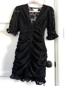 ASOS DESIGN Black Star Print Ruched Bodycon Mini Dress V Neck Ruffle Sleeve US 2
