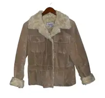 WILSON’S LEATHER Maxima US Tan Suede Faux Shearling Jacket boho western  70s