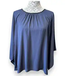 Top Blouse Shirt Women Size L Solid Blue Round Neck Pullover 3/4 Sleeve