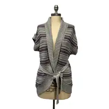 Sonoma Cardigan Sweater Womens M Gray Purple Striped Knit Belted Short Sleeve