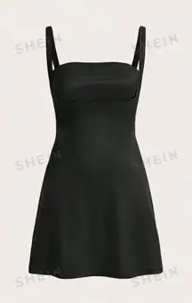 SheIn EZwear Solid Color Back Zipper Women's Chest Splicing Slip Satin Black Dress With Spaghetti Straps