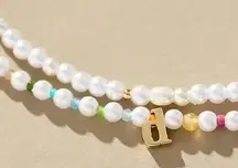 Anthropologie Pearl Beaded Bubble Letter Lowercase Monogram Necklaces - Set of 2