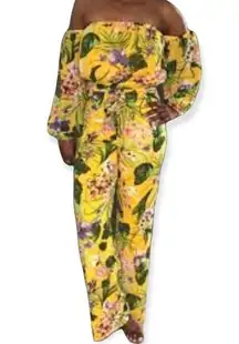 Miss Avenue Jungle Jumpsuit Off Shoulder Open Back Self Tie Belt size Small