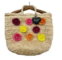 Imoshion  NWT Corn Husk Tote Beach Bag Boho Pom Pom Flowers Straw Bag CUTE!