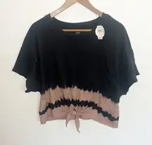 Offline By Aerie Cotton Black Tan Tie Dye Raw Hem Tie Front Short Sleeve Shirt