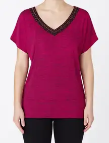AB Studio Embellished V Neck Top Womens L Pink Magenta Short Sleeve Blouse NWT‎