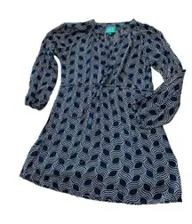 Escapada Navy Blue and White Geometric Dress with Scrunch Waist Size Large‎