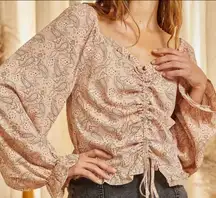 Savanna Jane Printed Paisley Bandana Pink Ruched Blouse Long Sleeve Flowy Boho S