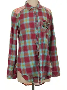 Aratta Silent Journey Plaid & Scenic Button Down Shirt M Red Blue