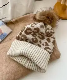 Leopard Print Knit Beanie with Faux Fur Pom Winter Hat Neutral Cozy NWT