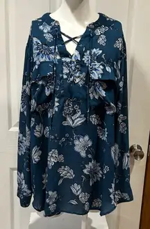 a.n.a Teal Floral Lace-Up Blouse