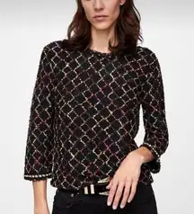 ZARA  black multicolor boucle knit top with pearl detail size Small