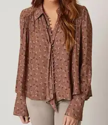 Free People Modern Blouse Brown Fall Floral Button Down Top Size XS