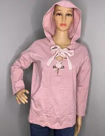 She + Sky Hooded Corset Tie Front Long Sleeve Sweatshirt Blush Pink Size Small