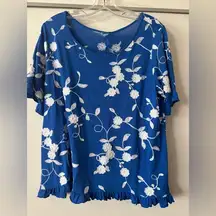 Women’s blue and white floral embroidery ruffle trim top size large