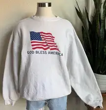 Vintage‎ God Bless America Flag Sweatshirt USA Patriotic Pullover White XL