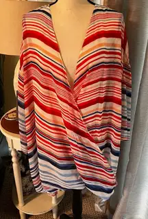 Sunny‎ Leigh Woman crossover sheer striped red white blue blouse size 3X