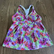 Lands End Womens Bright Floral Palms Racerback Tankini Swim Suit Top Size 10