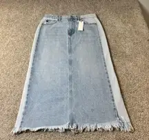 NWT Kancan Denim Maxi Skirt Frayed Hem Light Wash Two Tone Women's Casual Size L